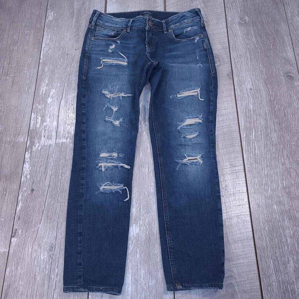 Silver Jeans Womens Suki Skinny Size 28x26 Blue Distressed Denim Pants Mid Rise